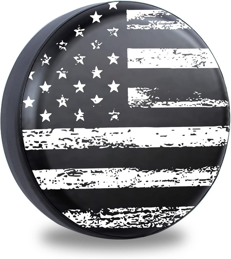 Jusen Black White Vintage American Flag Spare Tire Cover Protectors Weatherproof Dust-Proof for Fit for Jeep Wrangler RV, SUV, Truck Travel Trailer,Waterproof Tires 14" 15" 16" 17" 18'' - Image 1